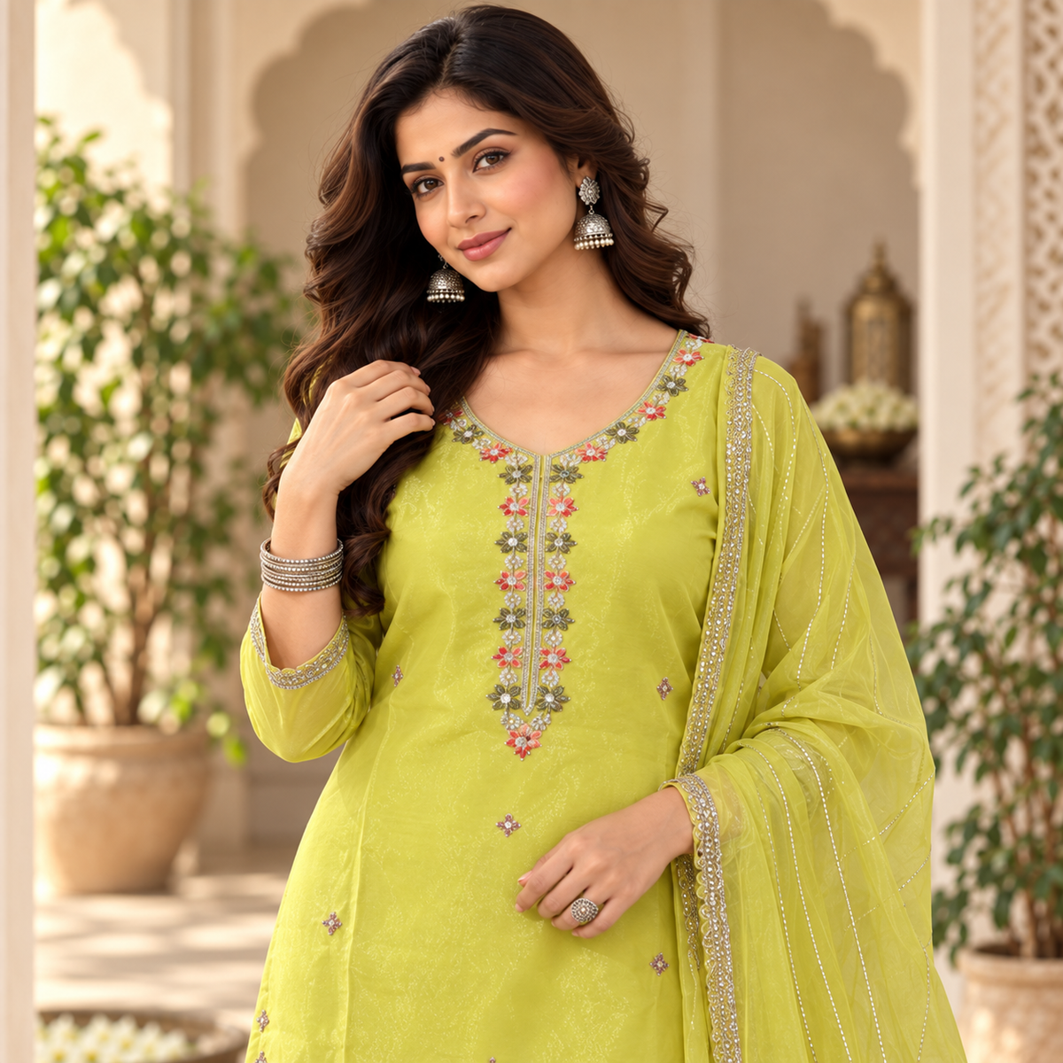 Lime Green Embroidered Dupatta Suit