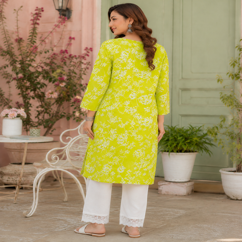 Lime green Chikankari kurta set for women with floral printed kurta and matching pants