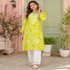 Lime green Chikankari kurta set for women with floral printed kurta and matching pants