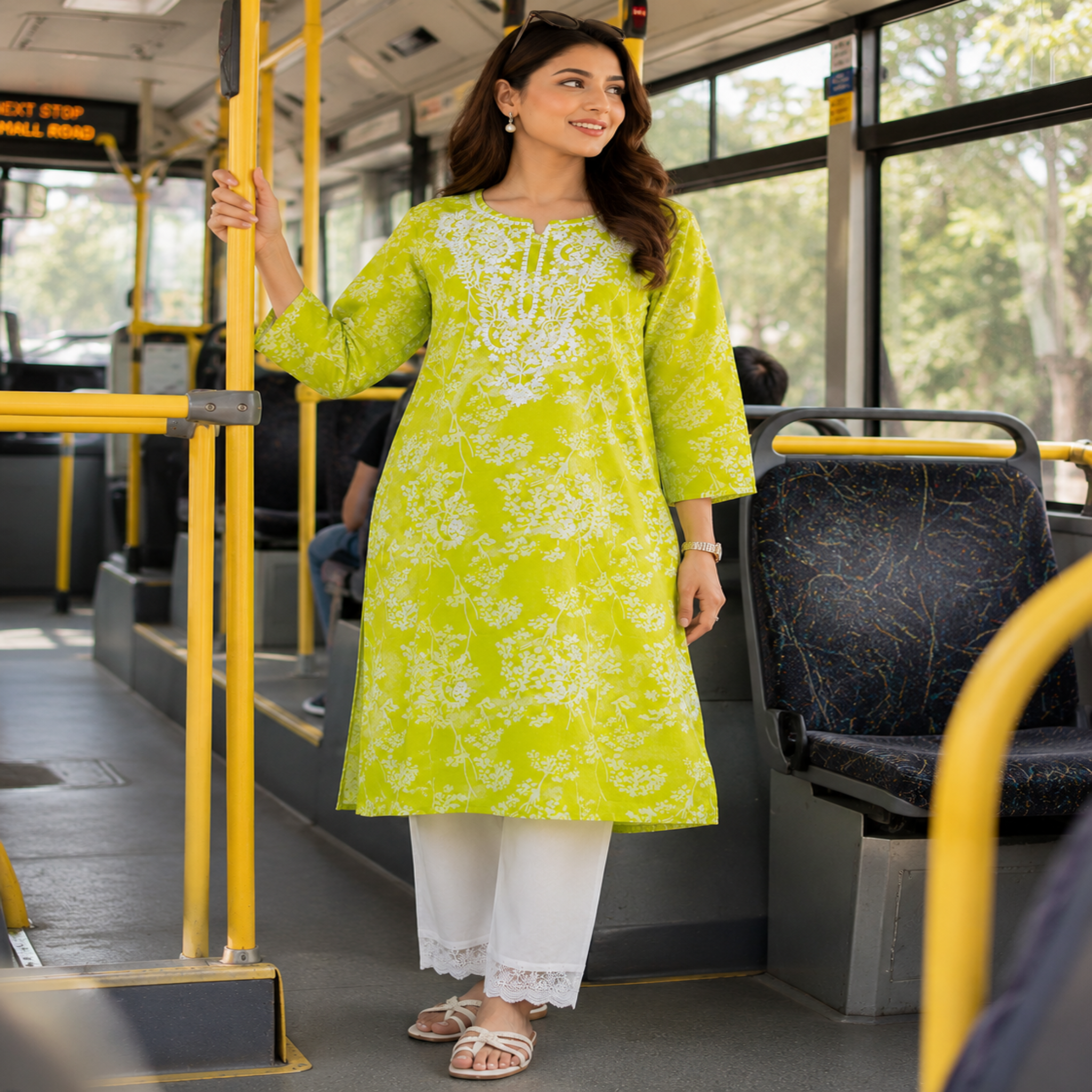 Lime green Chikankari kurta set for women with floral printed kurta and matching pants