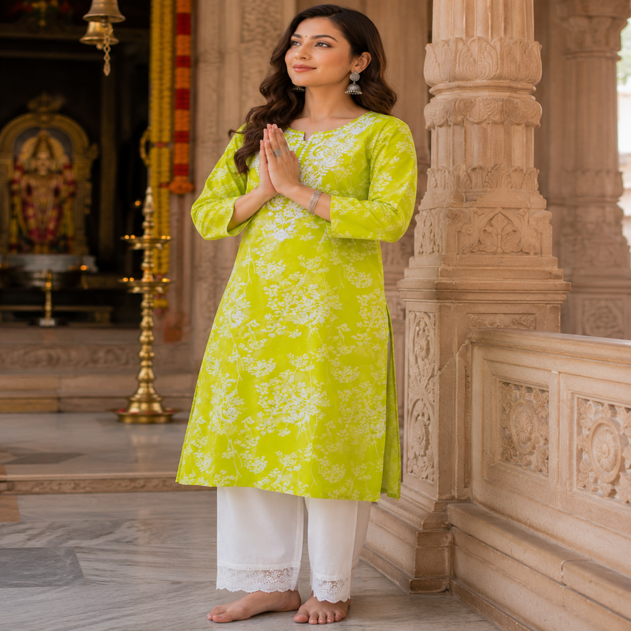 Lime green Chikankari kurta set for women with floral printed kurta and matching pants