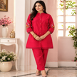 Magenta thread embroidered co-ord set for women with floral back embroidery and matching pants