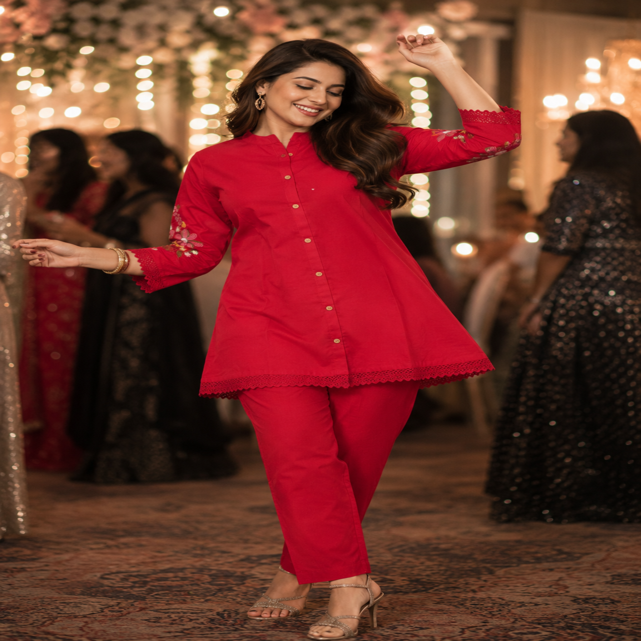 Magenta thread embroidered co-ord set for women with floral back embroidery and matching pants