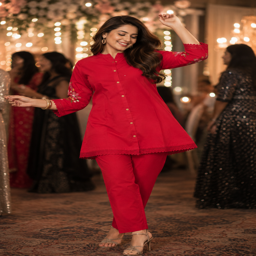 Magenta thread embroidered co-ord set for women with floral back embroidery and matching pants