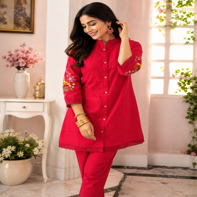Magenta thread embroidered co-ord set for women with floral back embroidery and matching pants