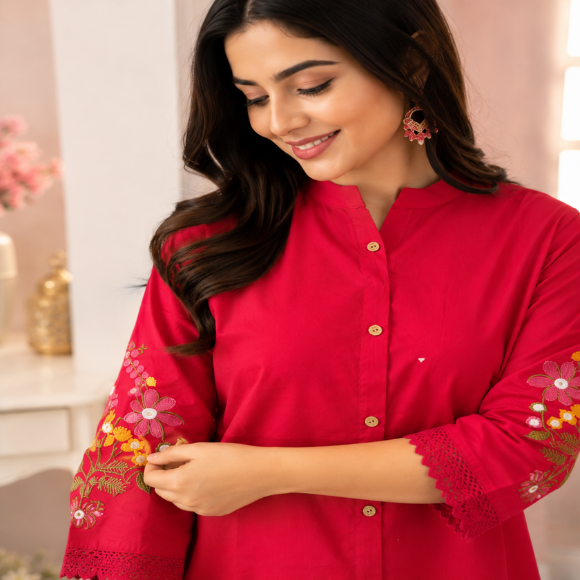 Magenta thread embroidered co-ord set for women with floral back embroidery and matching pants