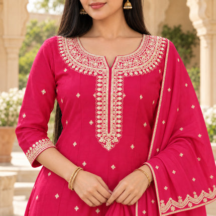 Magenta pink dotted Anarkali suit with embroidered neckline and designer dupatta for women