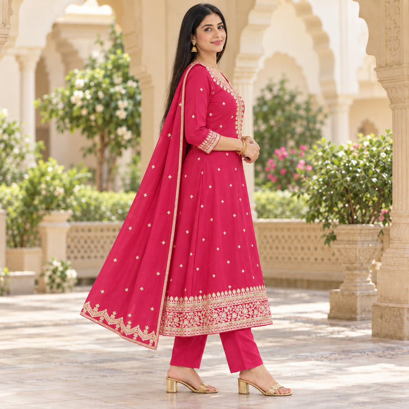 Magenta pink dotted Anarkali suit with embroidered neckline and designer dupatta for women