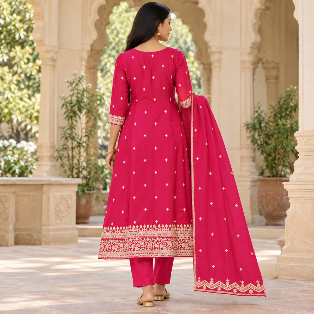 Magenta pink dotted Anarkali suit with embroidered neckline and designer dupatta for women