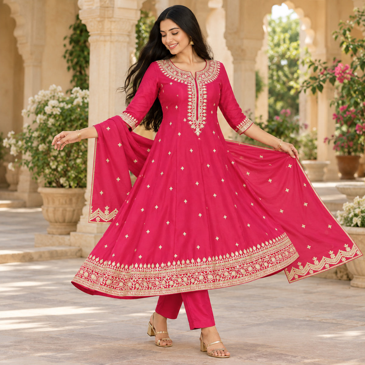 Magenta pink dotted Anarkali suit with embroidered neckline and designer dupatta for women