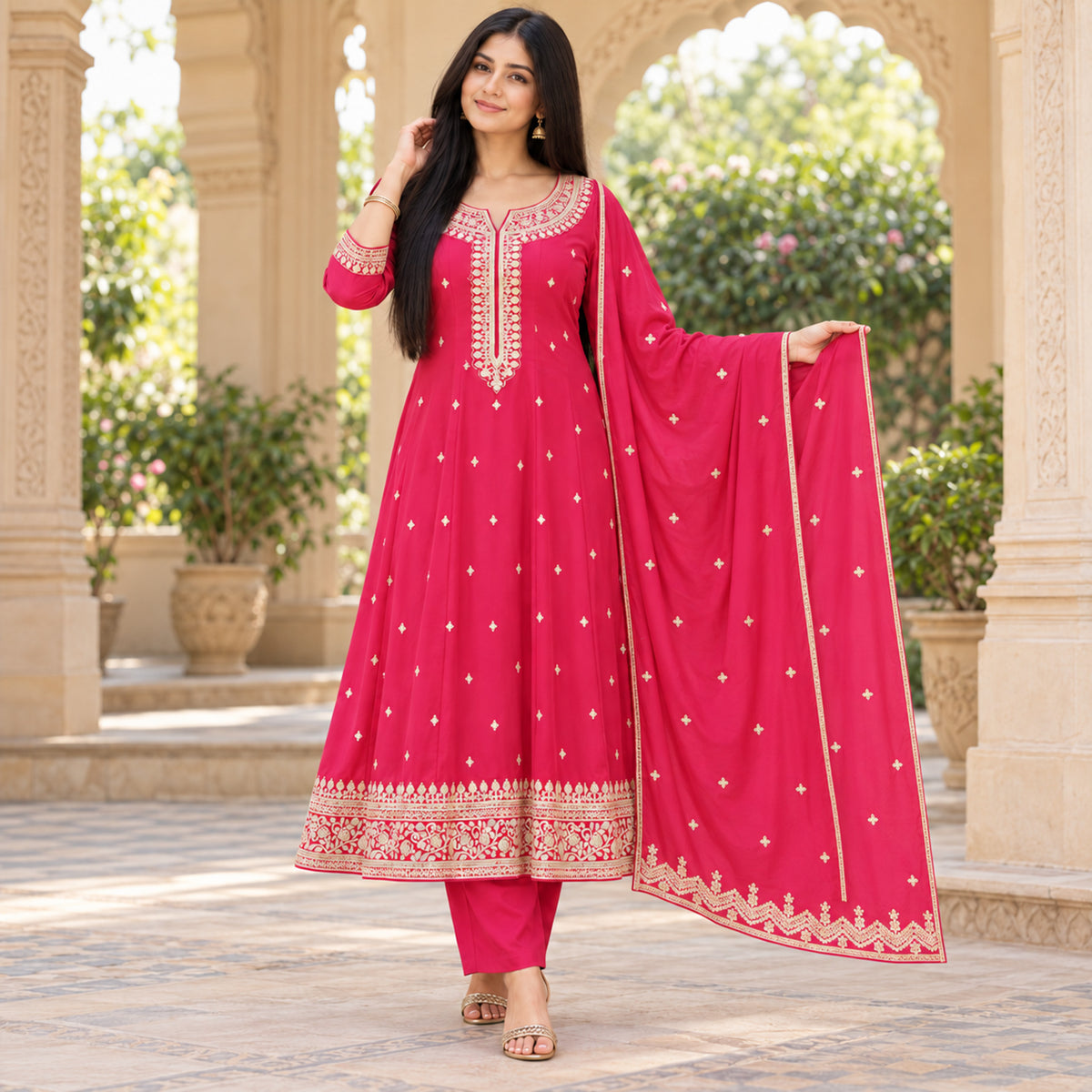 Magenta pink dotted Anarkali suit with embroidered neckline and designer dupatta for women