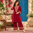 Magenta Pink Front-Back Embroidered Woolen Kurta Set