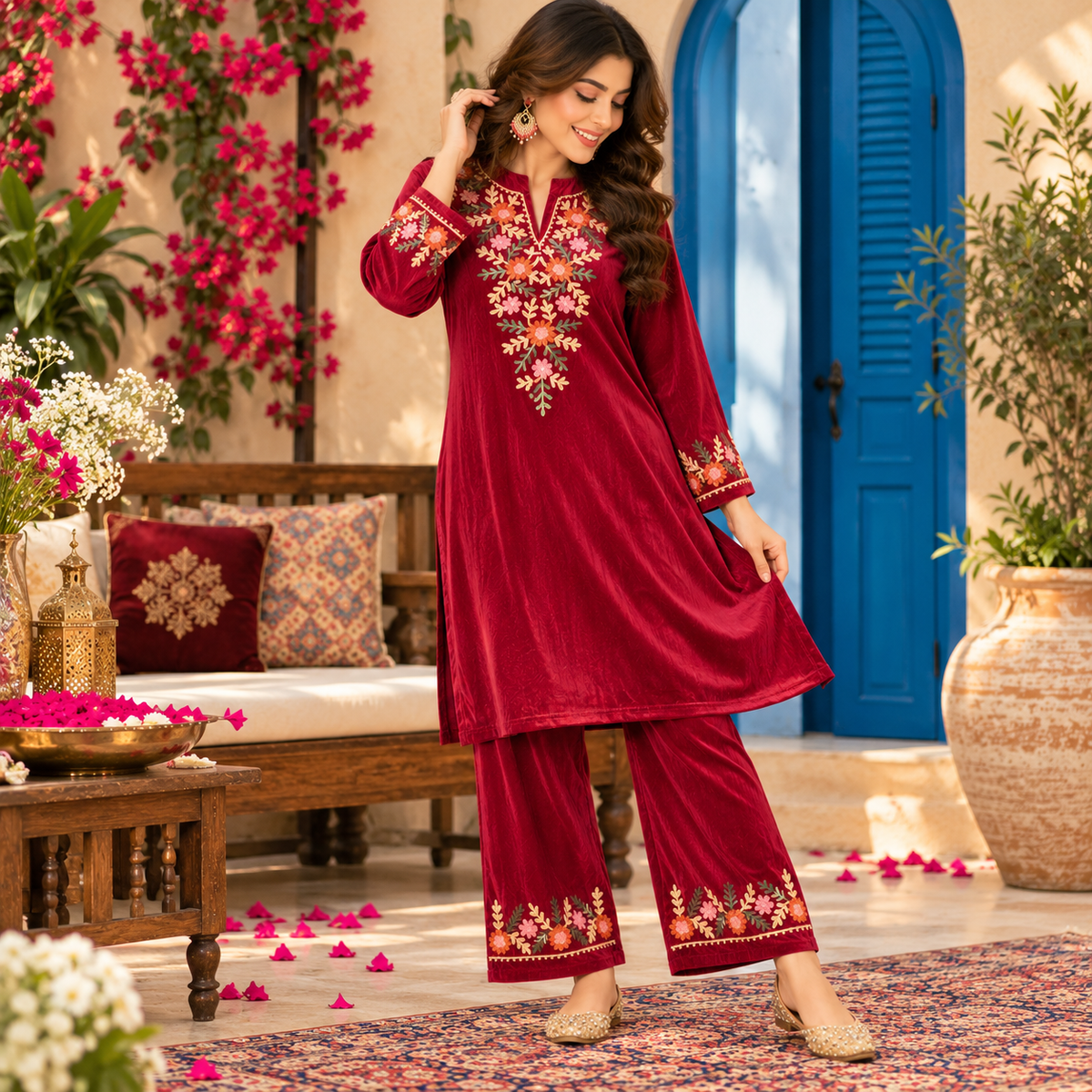 Magenta Pink Front-Back Embroidered Woolen Kurta Set