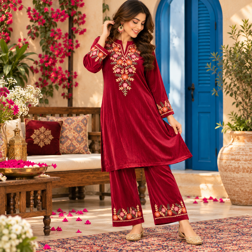 Magenta Pink Front-Back Embroidered Woolen Kurta Set