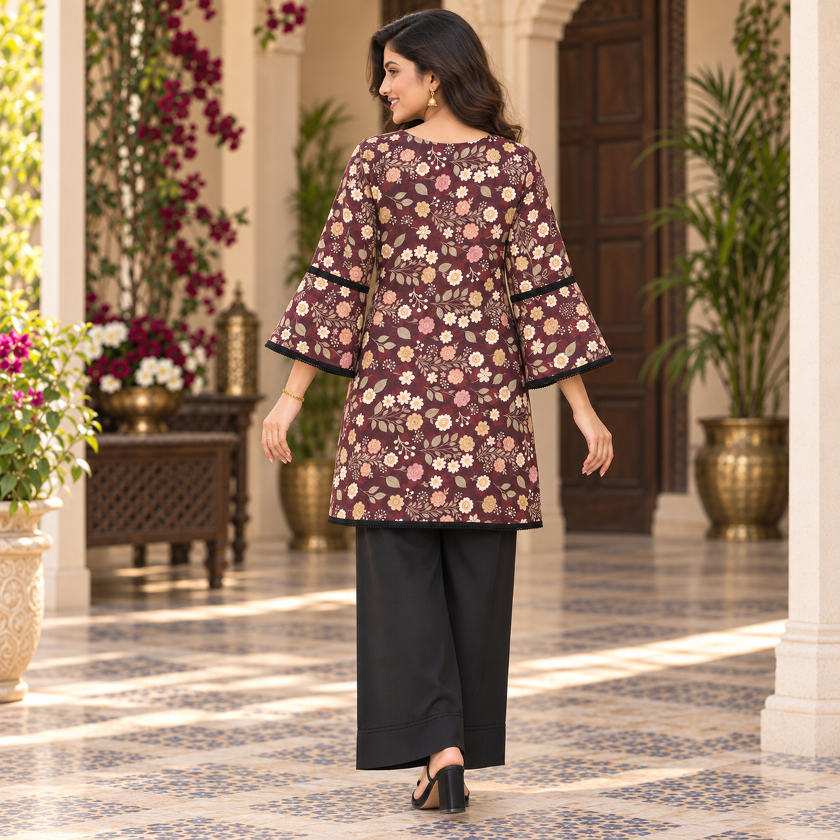 Maroon Floral Farshi Cord Set