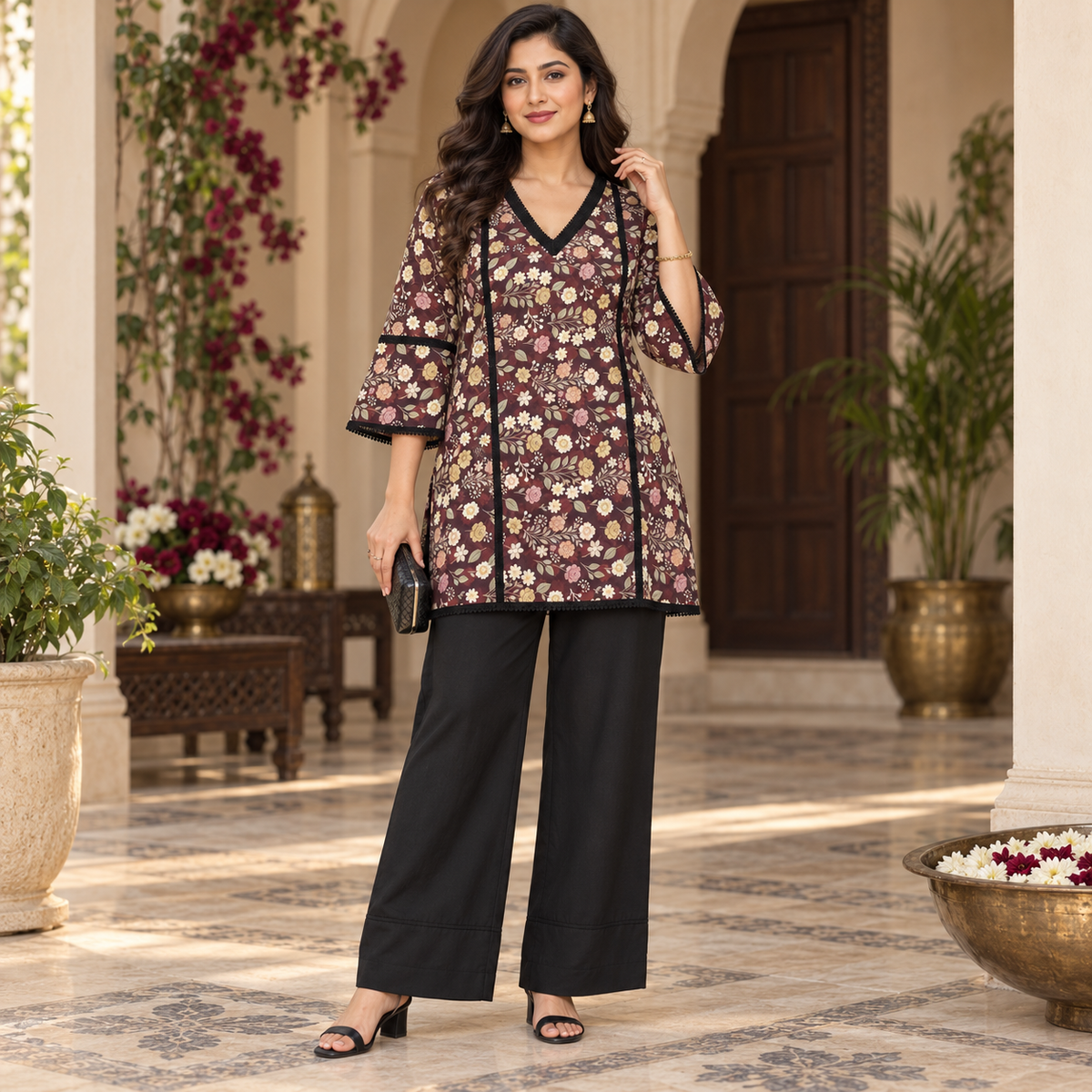 Maroon Floral Farshi Cord Set