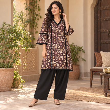 Maroon Floral Farshi Cord Set