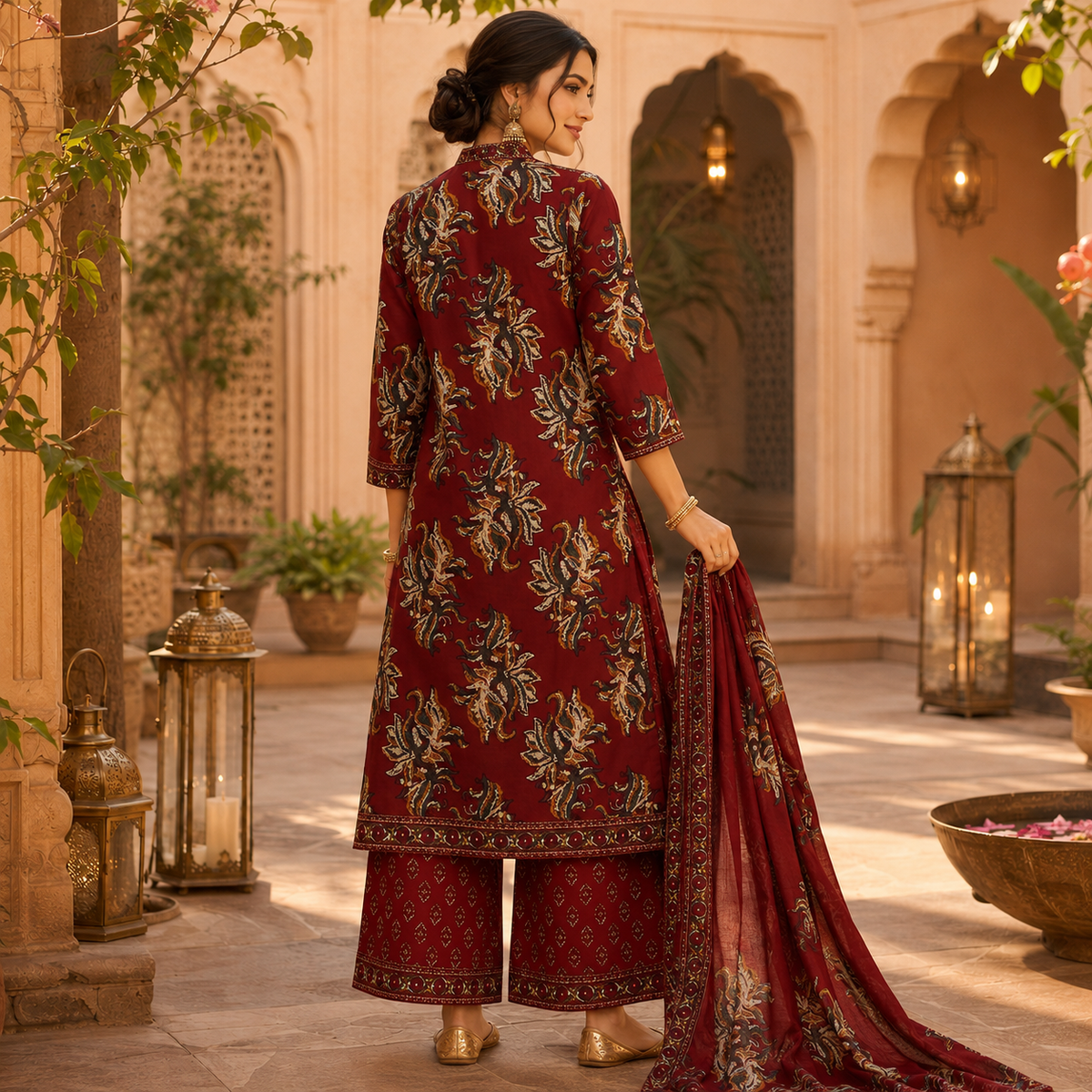 Maroon Floral Printed Dupatta Suit