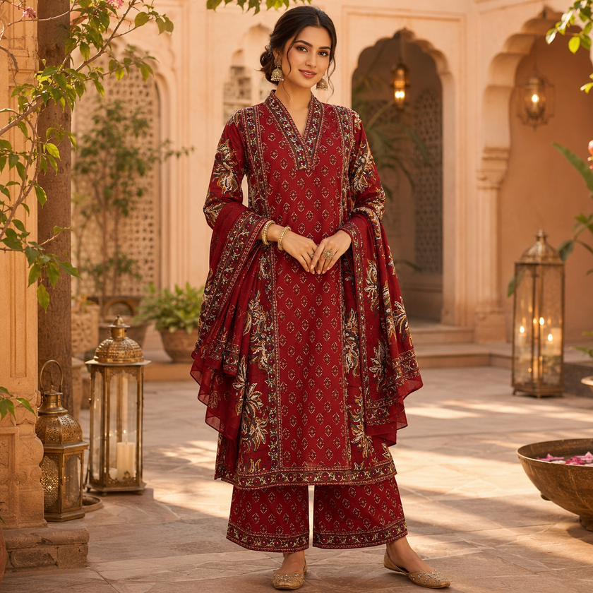 Maroon Floral Printed Dupatta Suit