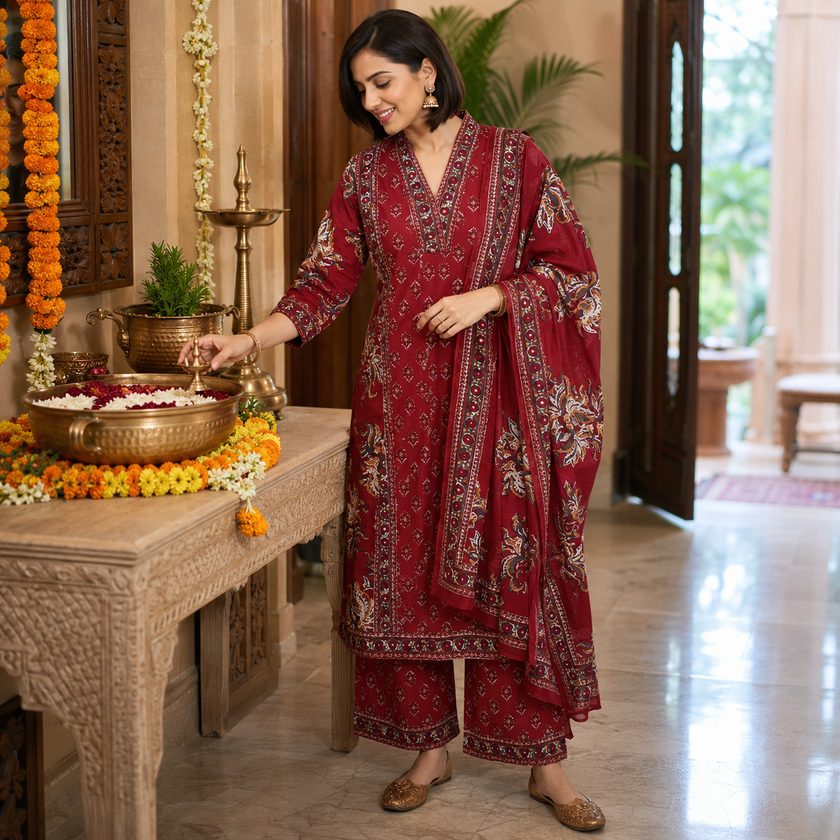 Maroon Floral Printed Dupatta Suit