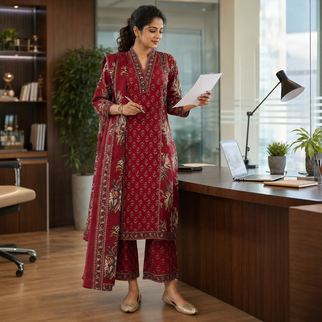 Maroon Floral Printed Dupatta Suit