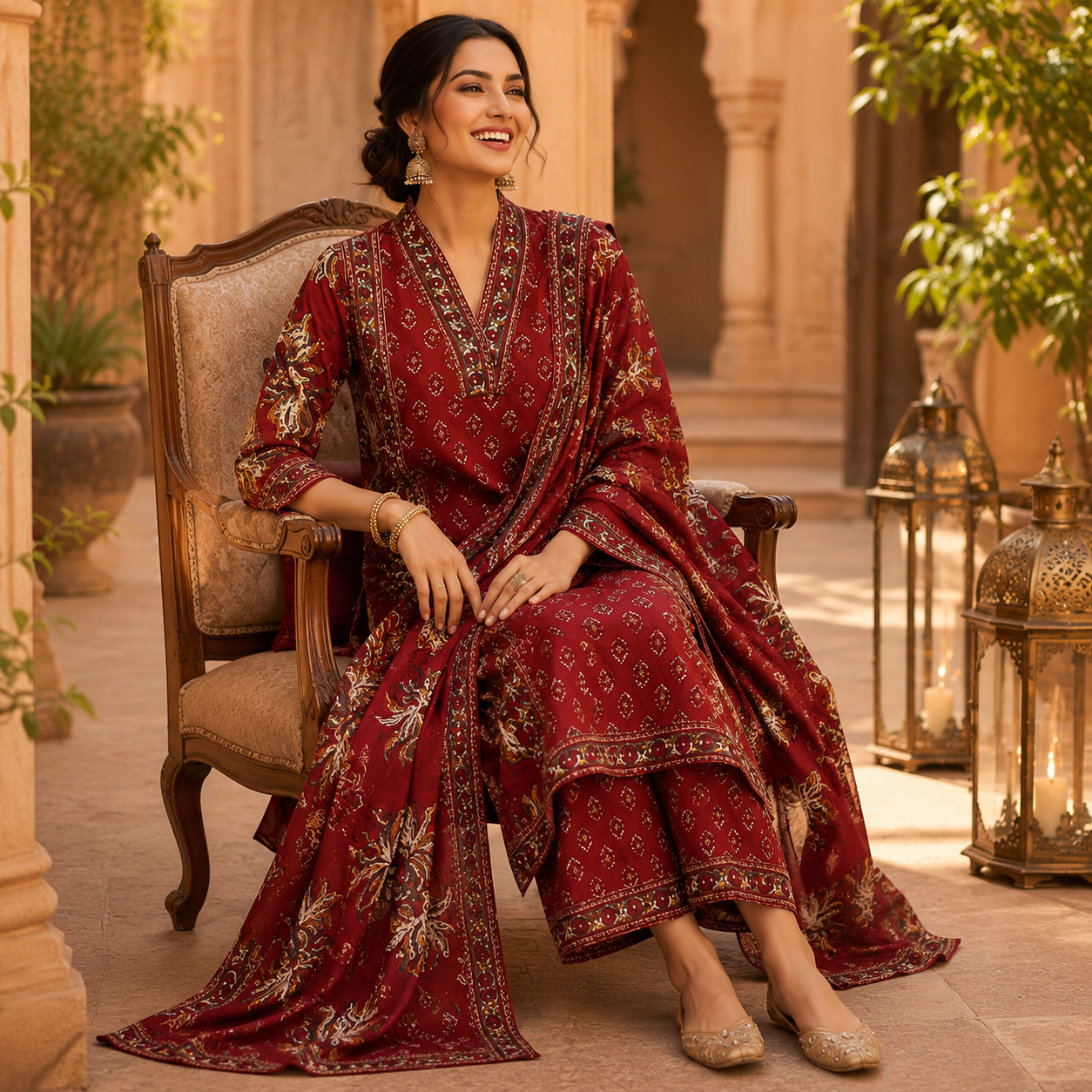 Maroon Floral Printed Dupatta Suit