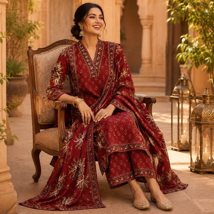 Maroon Floral Printed Dupatta Suit