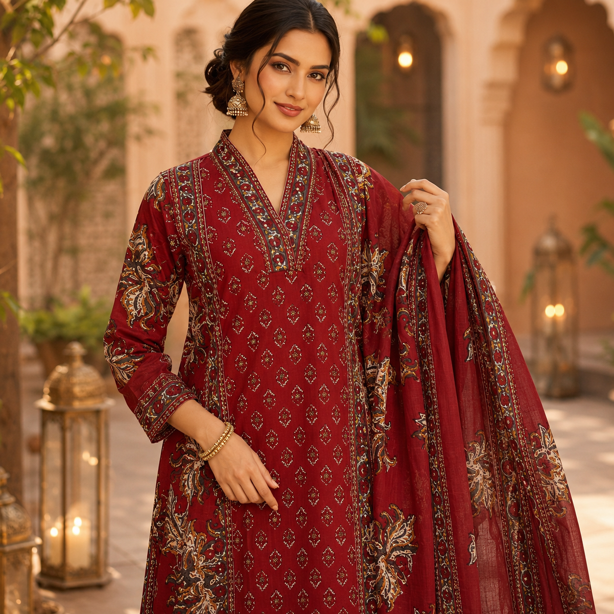 Maroon Floral Printed Dupatta Suit