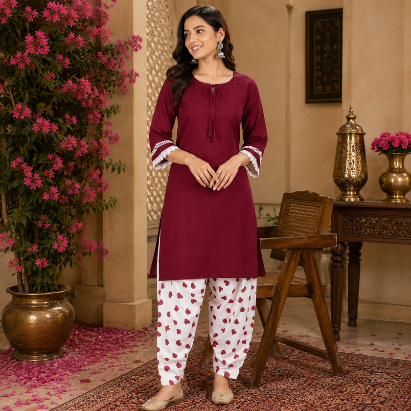 Maroon Farshi Salwar Set for Women with Heart Print Farsi Salwar
