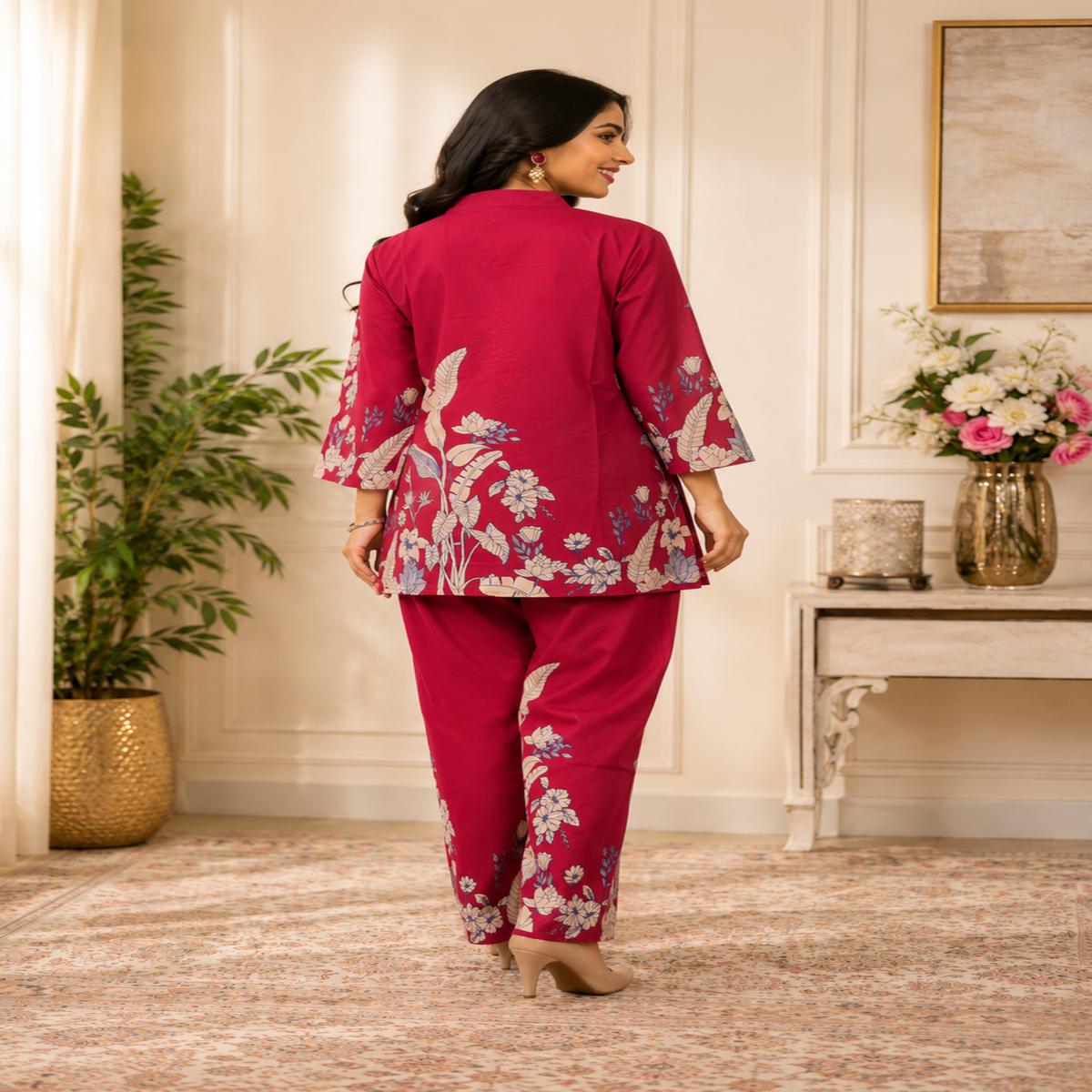 Maroon floral printed co-ord set for women with collared tunic and straight pants