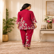 Maroon floral printed co-ord set for women with collared tunic and straight pants