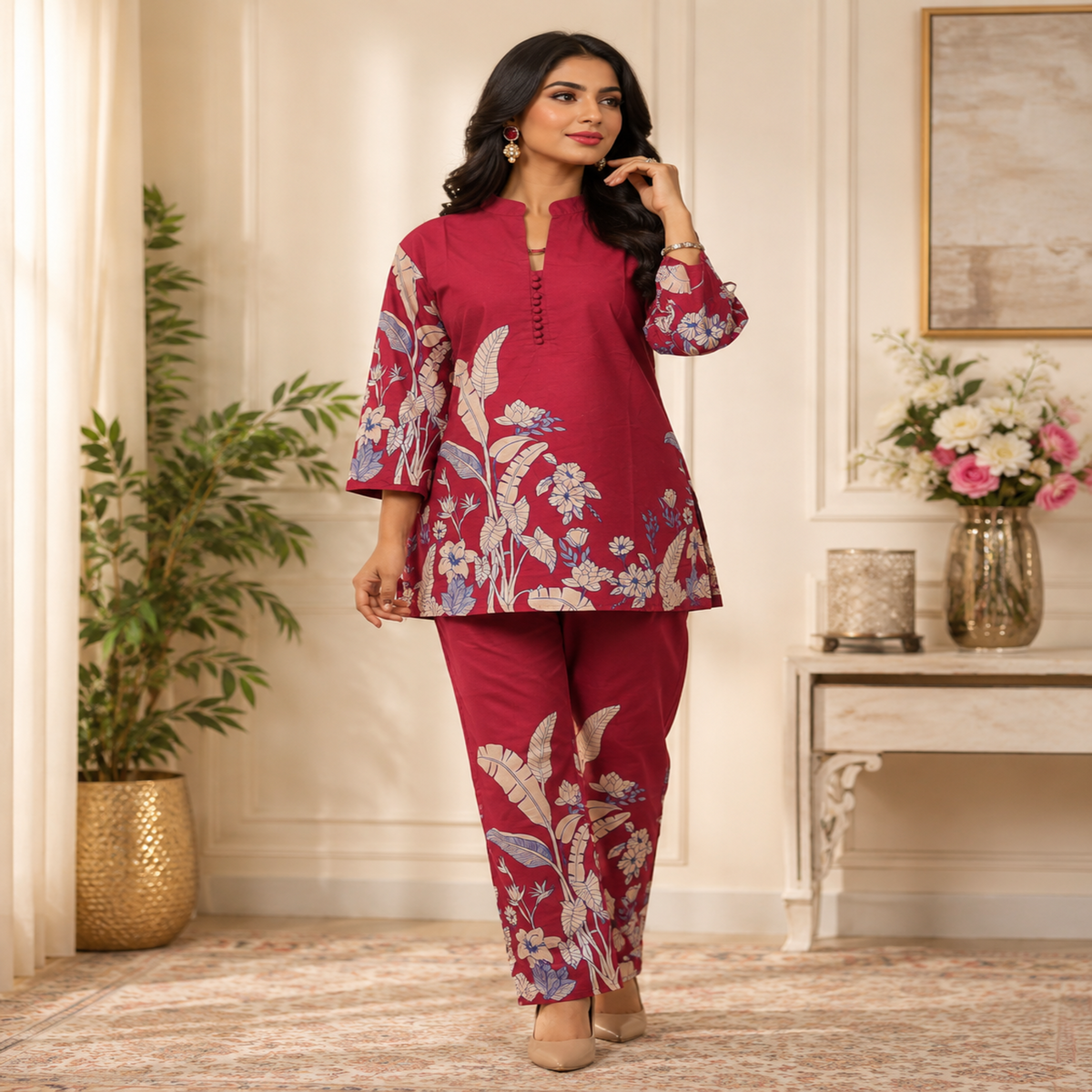 Maroon floral printed co-ord set for women with collared tunic and straight pants