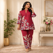 Maroon floral printed co-ord set for women with collared tunic and straight pants