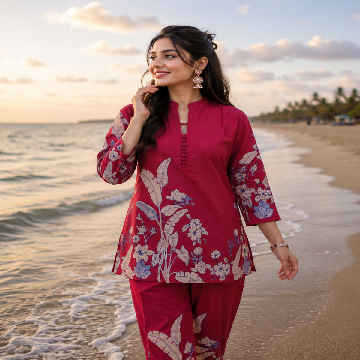 Maroon floral printed co-ord set for women with collared tunic and straight pants
