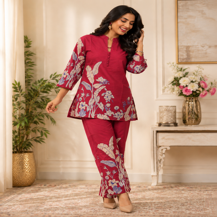 Maroon floral printed co-ord set for women with collared tunic and straight pants