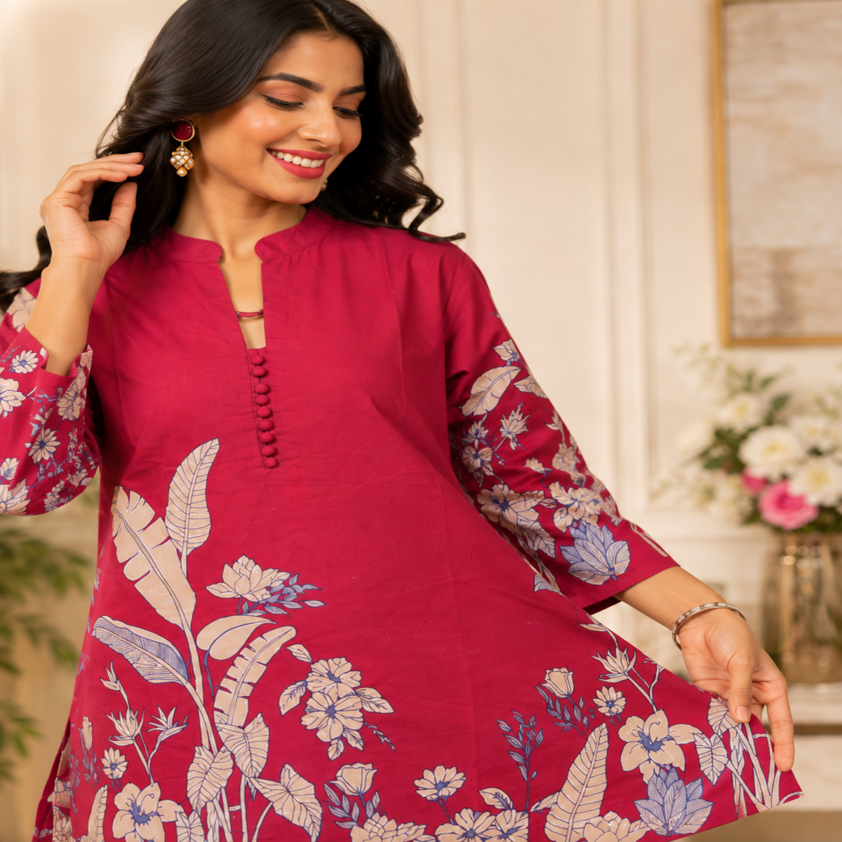 Maroon floral printed co-ord set for women with collared tunic and straight pants