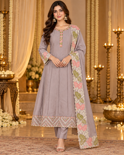 Mauve embroidered A-Line suit with straight trousers and floral embroidered dupatta for women