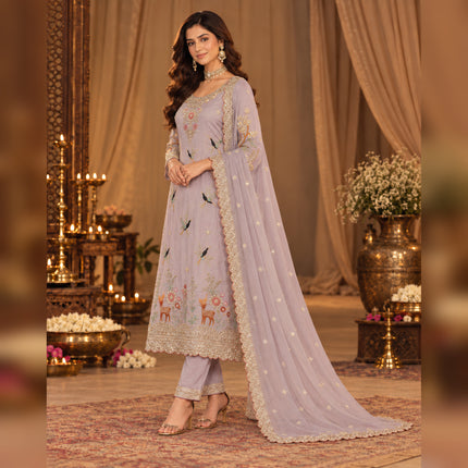 Mauve hand embroidered straight kurta suit with floral, bird and deer motifs, straight pants and matching embellished dupatta