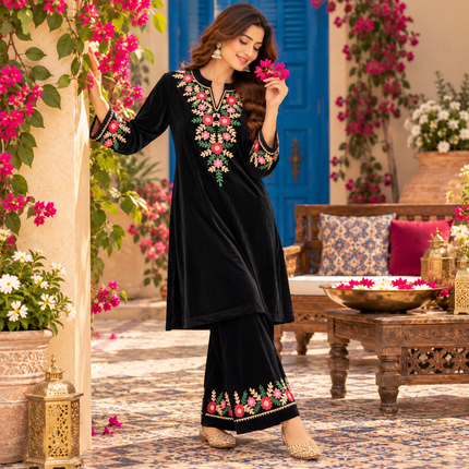 Black Front-Back Embroidered Woolen Kurta Set