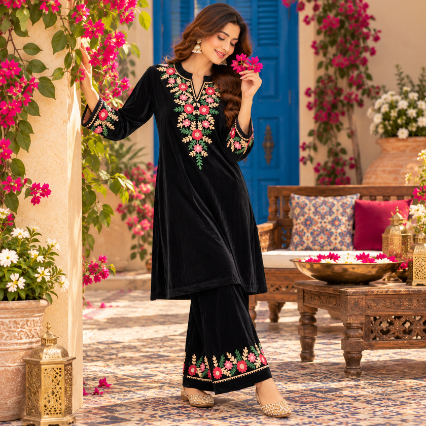 Black Front-Back Embroidered Woolen Kurta Set