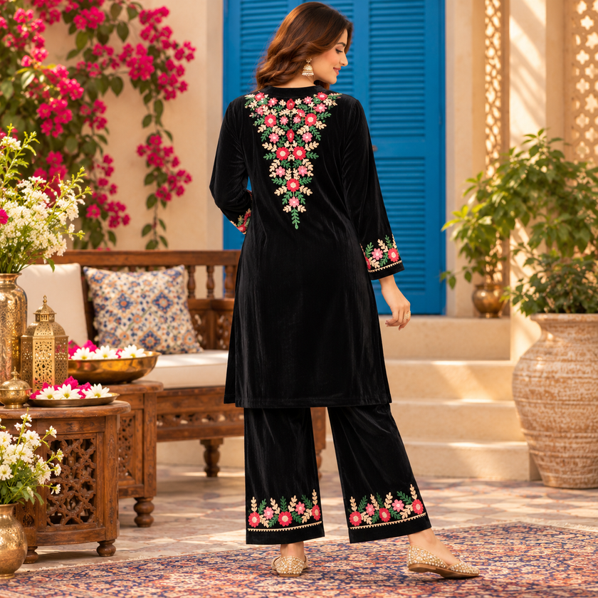 Black Front-Back Embroidered Woolen Kurta Set