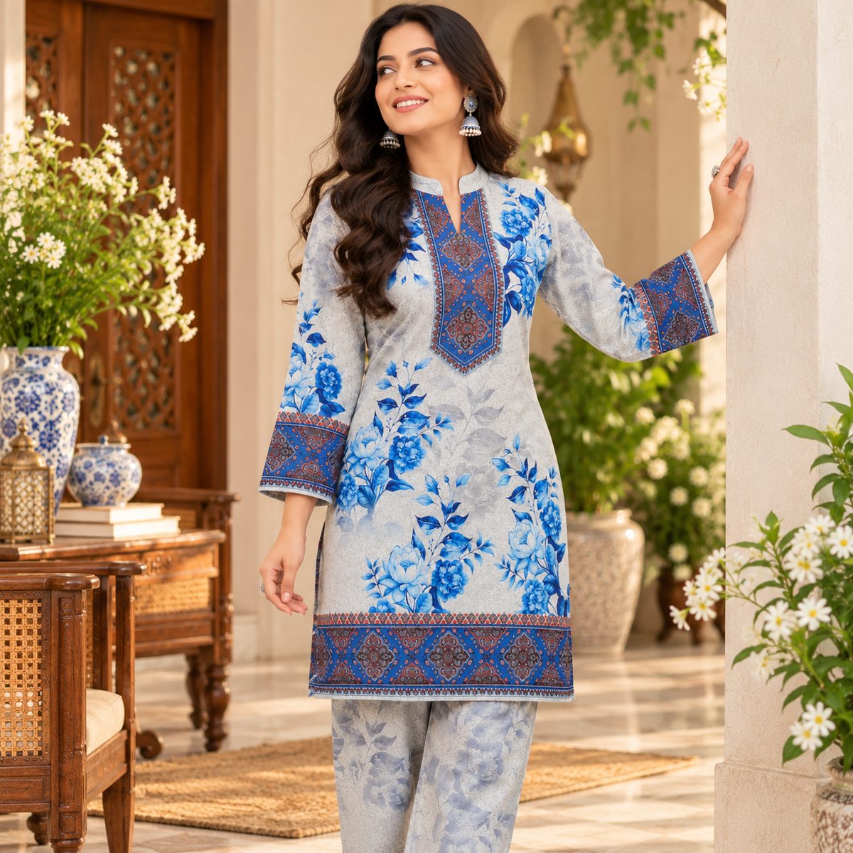 Off-White Floral Blue Bordered Woolen Kurta Set