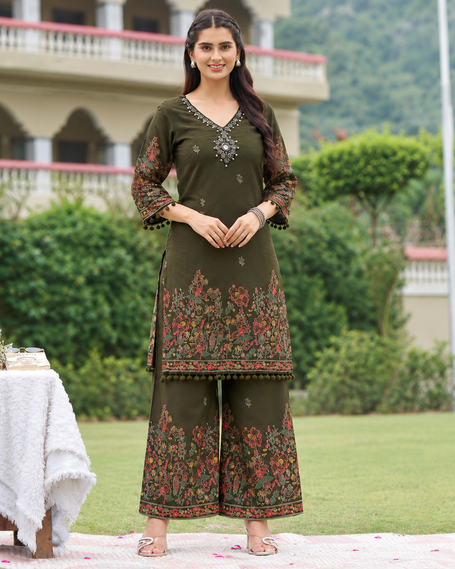 Mehndi green mirror work printed kurta set with matching wide-leg trousers for women
