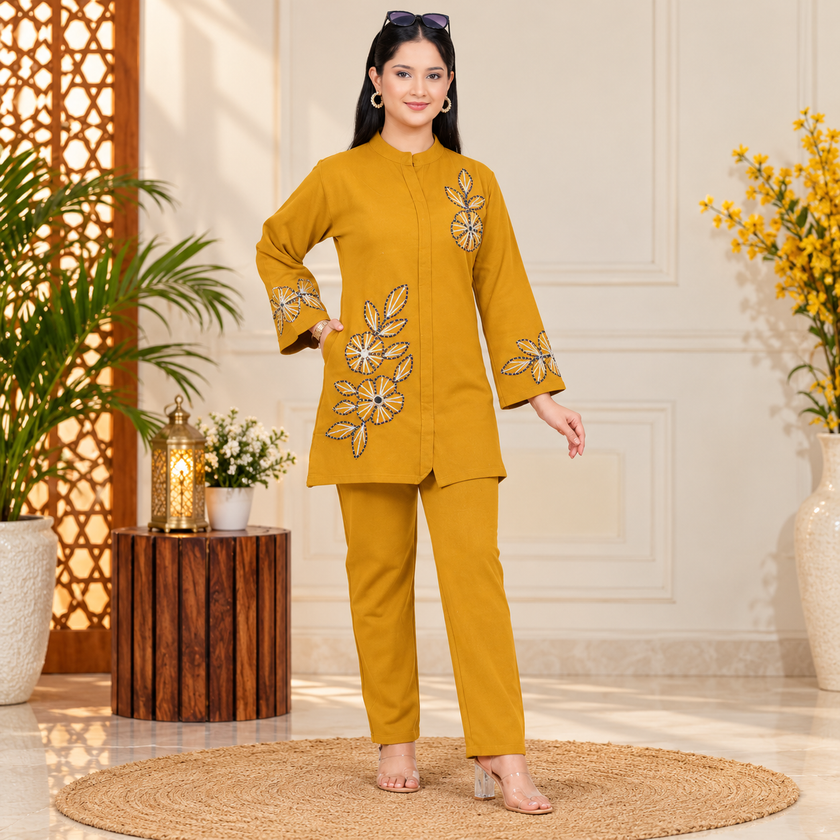 Yellow Woolen Cord Set