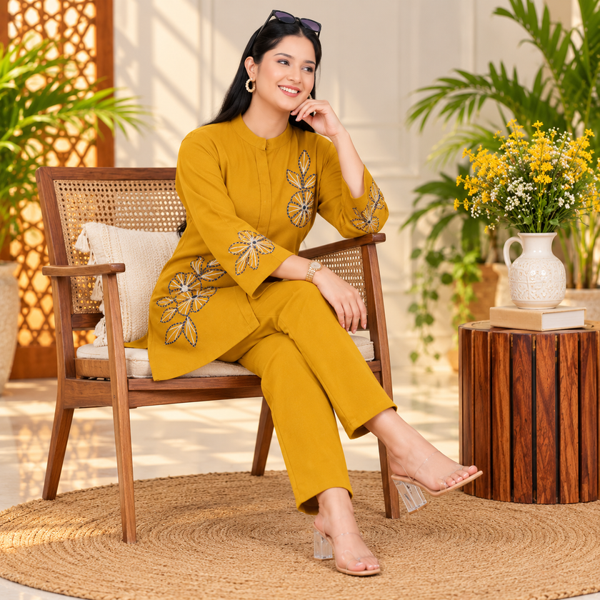 Yellow Woolen Cord Set