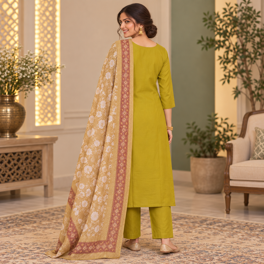Mustard Olive Embroidered With Floral Dupatta Suit