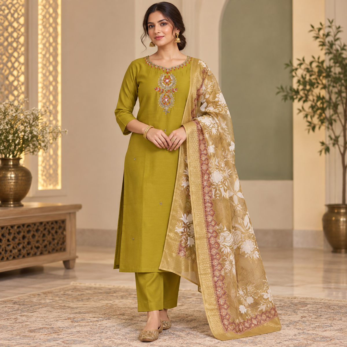 Mustard Olive Embroidered With Floral Dupatta Suit