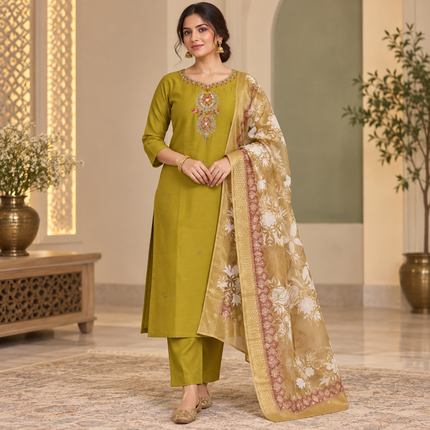 Mustard Olive Embroidered With Floral Dupatta Suit