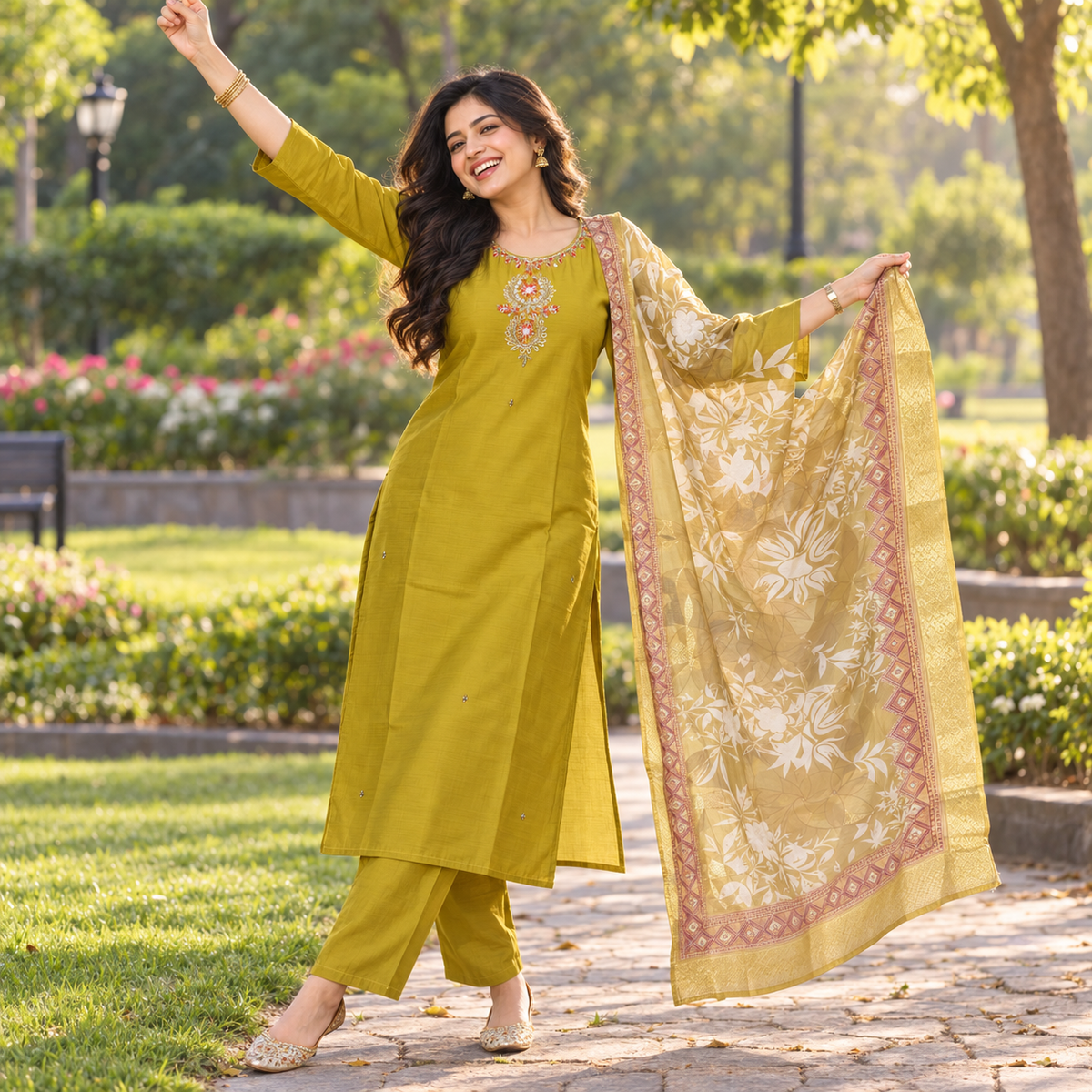 Mustard Olive Embroidered With Floral Dupatta Suit