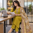 Mustard Olive Embroidered With Floral Dupatta Suit